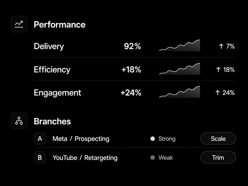 Optimize diagram showing performance, strong and weak branches, and recommendation actions.